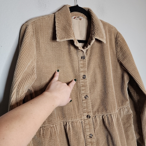 Talbots Corduroy Long Sleeve Tan Button Front Mini Dress Size 14 Pockets - Picture 12 of 16